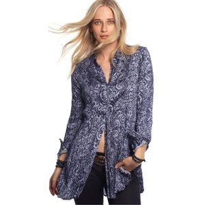 Cino Vintage Tiki Ocean Button Down Fit & Flare Tunic Blue Floral Satin